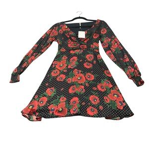 Free People Floral Black and White Polka Dot Dress Size 0